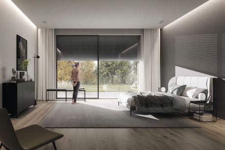 Rolladen vor großer Fensterfläche in einem Schlafzimmer